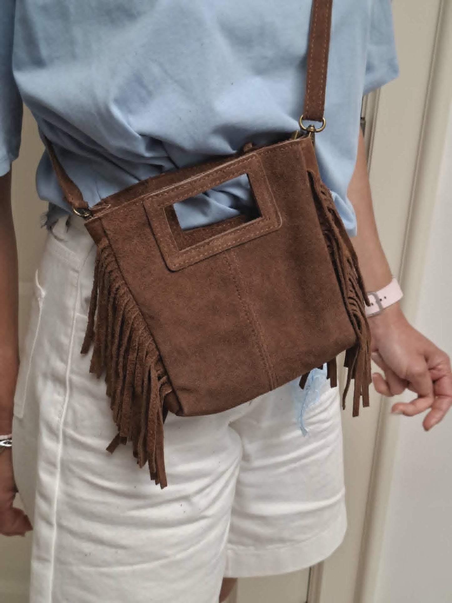 Suède handtasje met franjes - small
