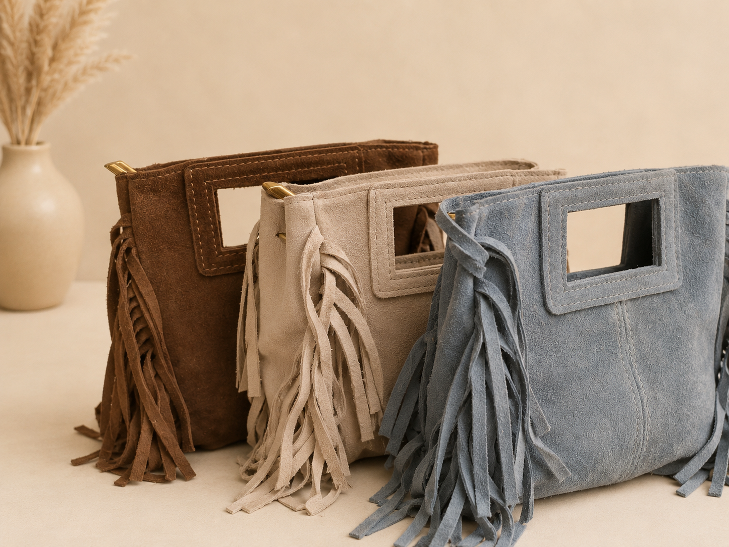 Suède handtasje met franjes - small